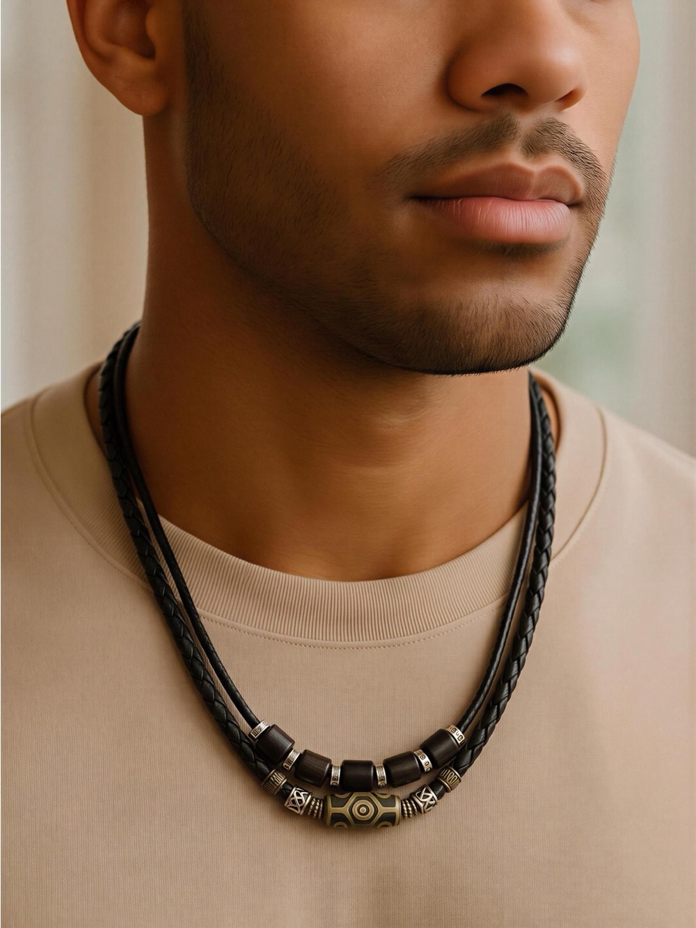 Black Braided Leather Necklace with Beaded Accents - Men's Grooming Accessory